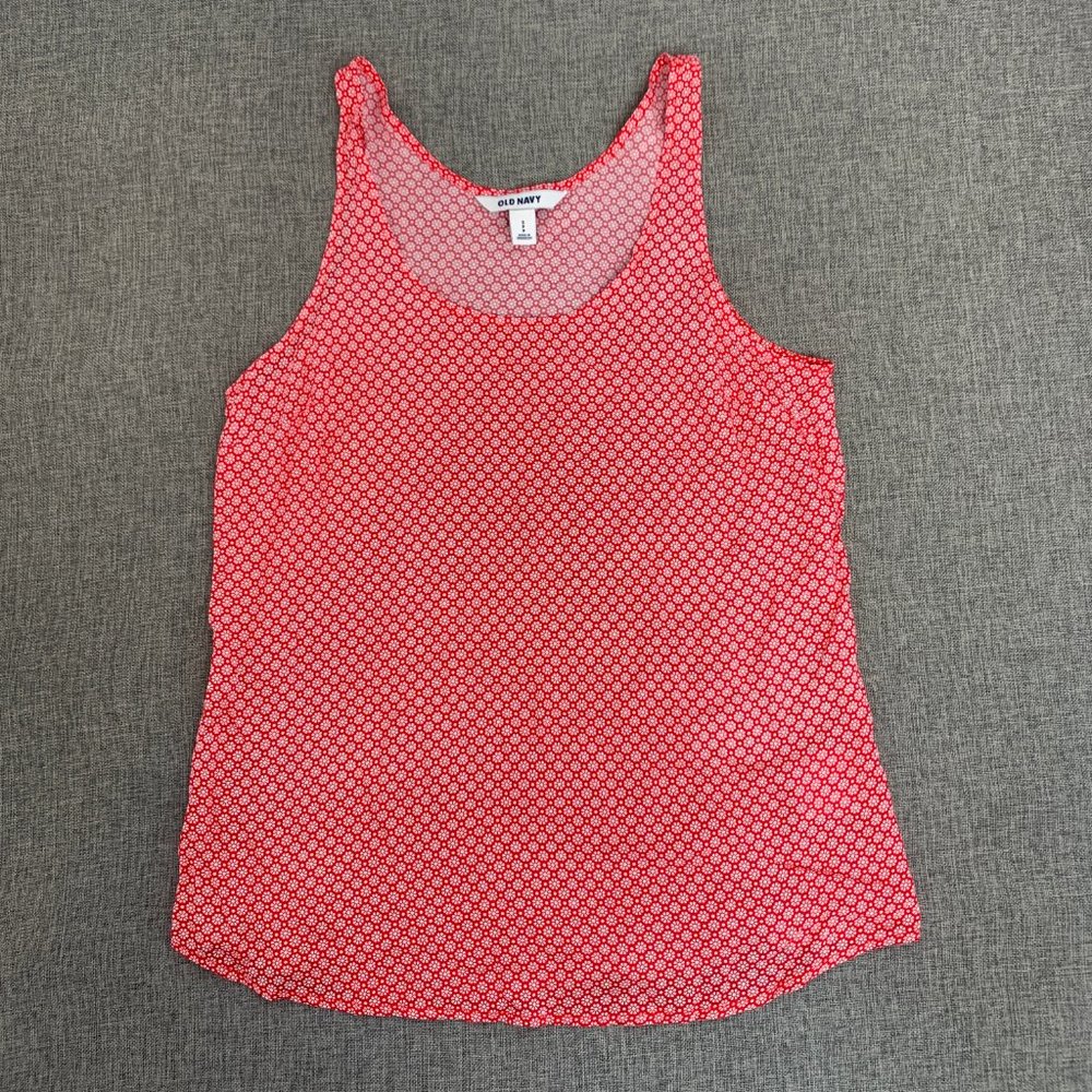 Old Navy Lightweight Tank Top Red White Floral Print Scoop Neck Small 100%Rayon